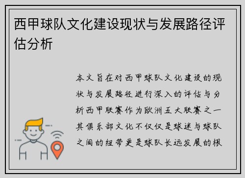 西甲球队文化建设现状与发展路径评估分析